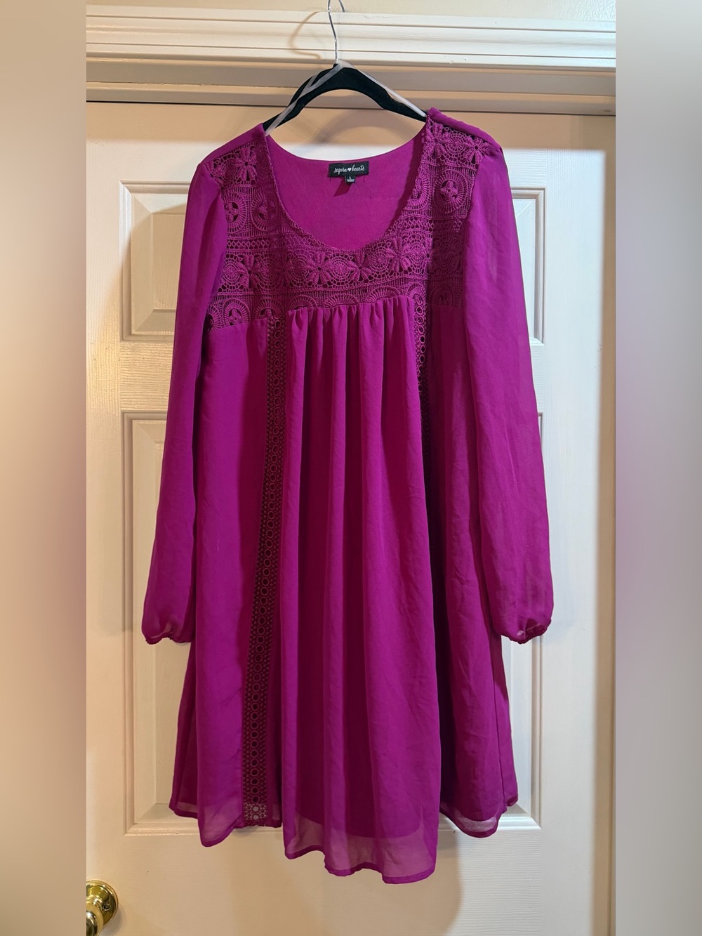 Sequin Hearts Magenta Lace-Yoke Long Sleeve Dress Size L #lace #dress